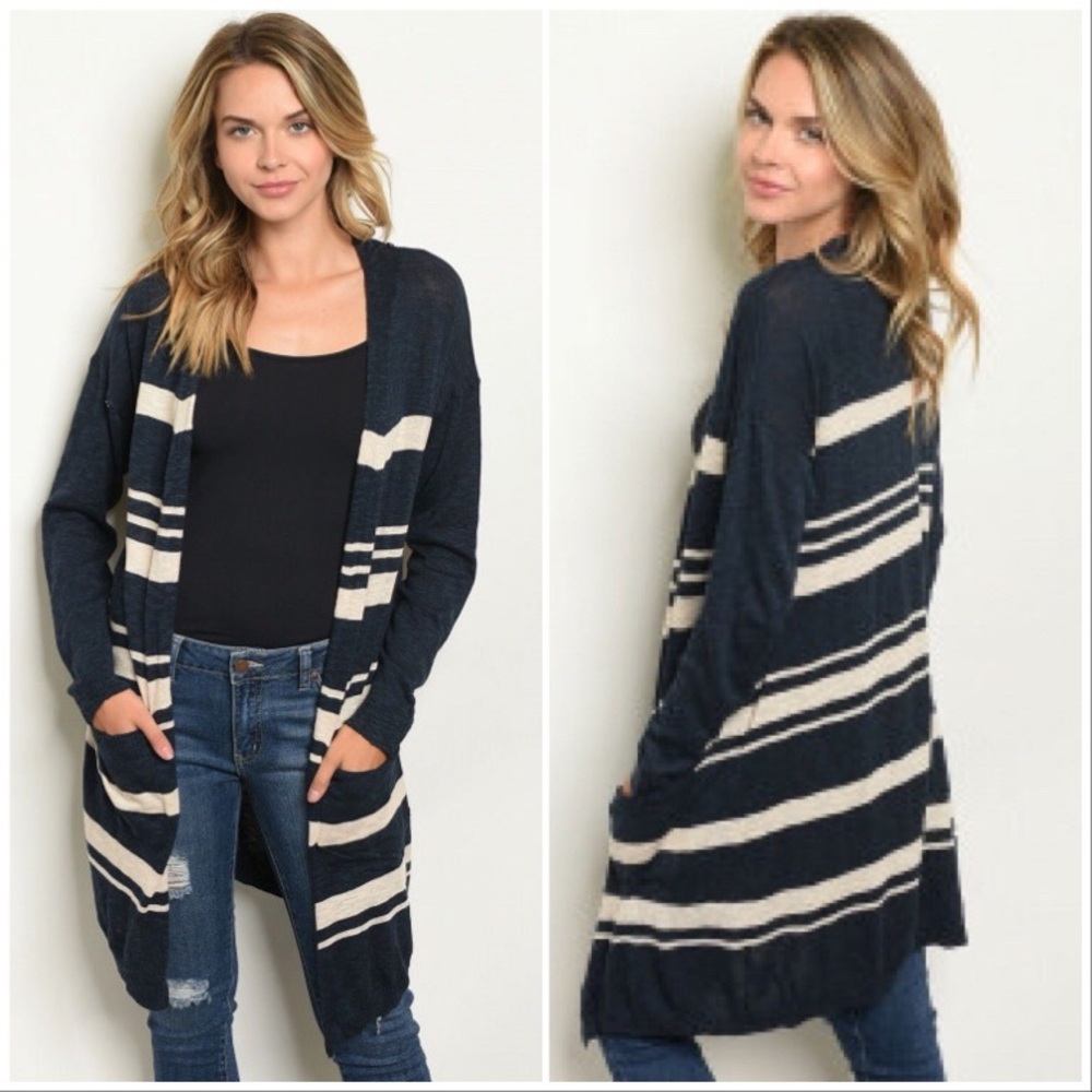 Navy Cotton Blend Striped Cardigan Sweater